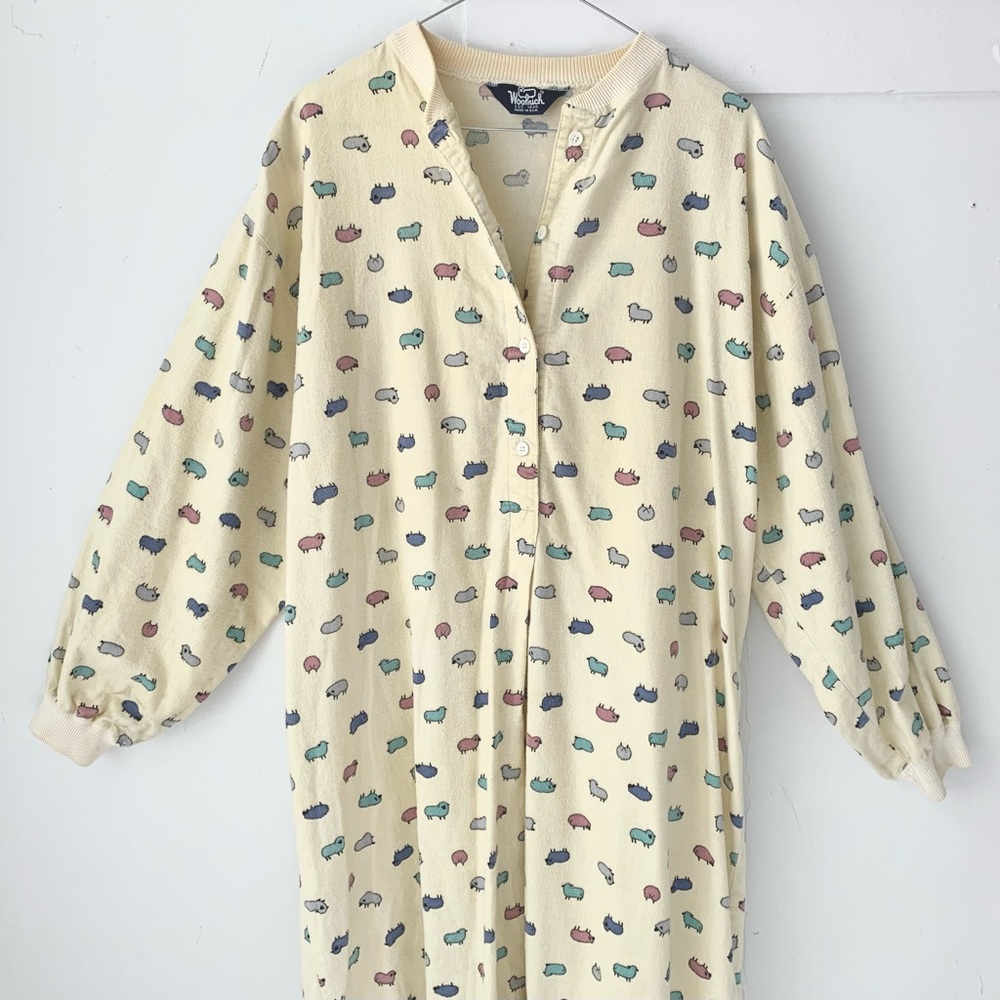 vintage Woolrich flannel nightgown with pastel sheep, whimsical